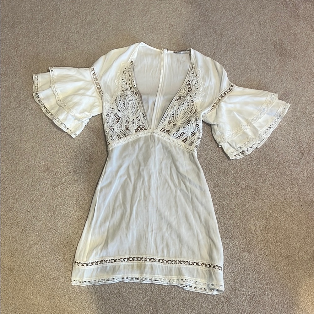 For Love and Lemons White Lace Dress with Flared Sleeves